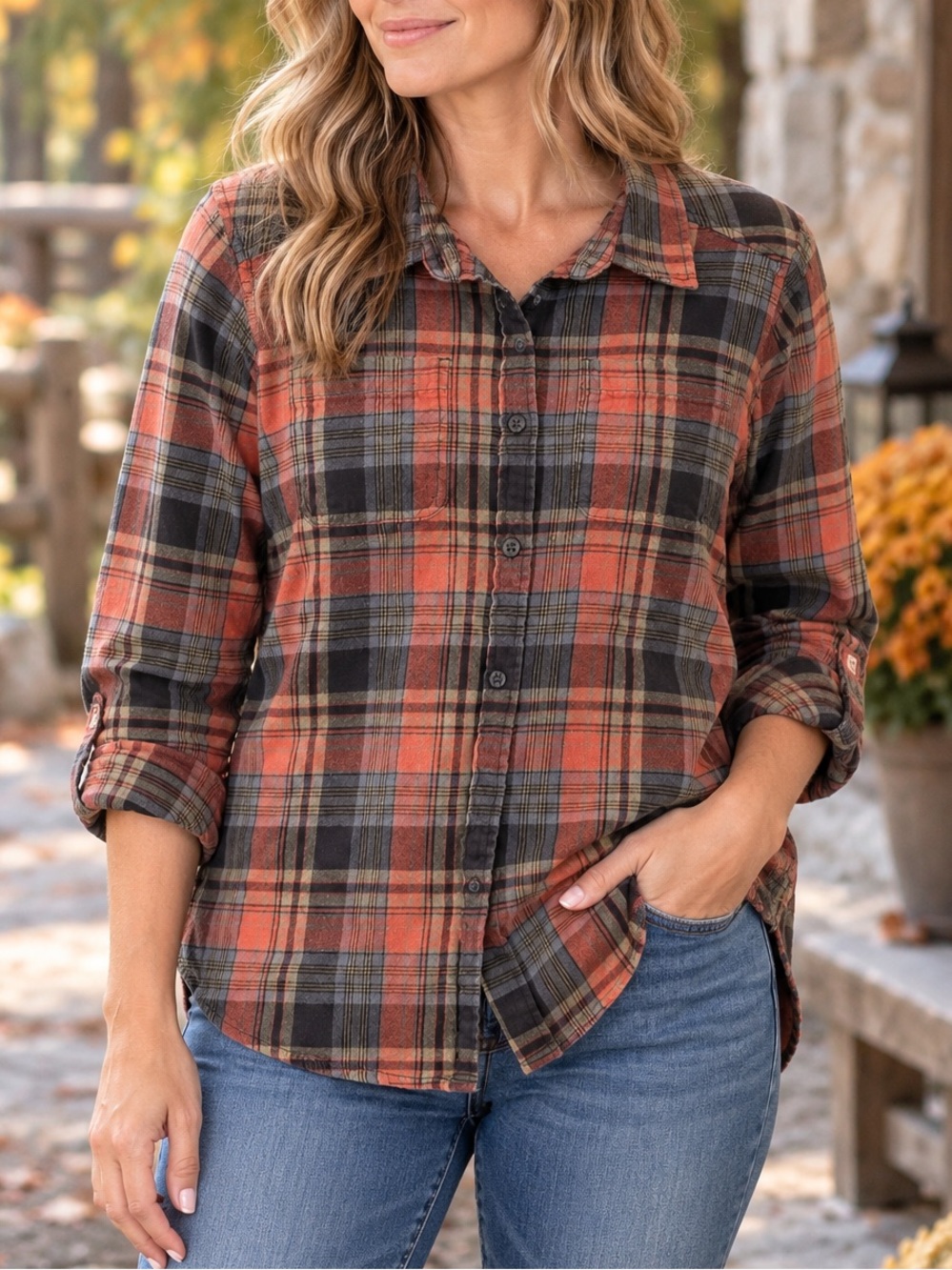 Kavu 100% Cotton Plaid Flannel Button Up Shirt XS Orange Navy Outdoor Gorpcore